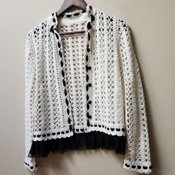 ONE GIRL WHO / Anthropologie Crochet white and black cardigan sweater - Picture 2 of 9